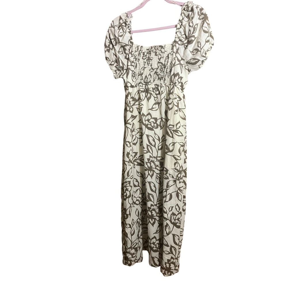 Sweet Wanderer Floral Maxi Dress Cream Brown Puff Sleeve Smocked Back Slit Large